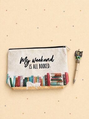 Cute handmade book theme beaded pen with Canvas Book Lover Zipper pouch NWT